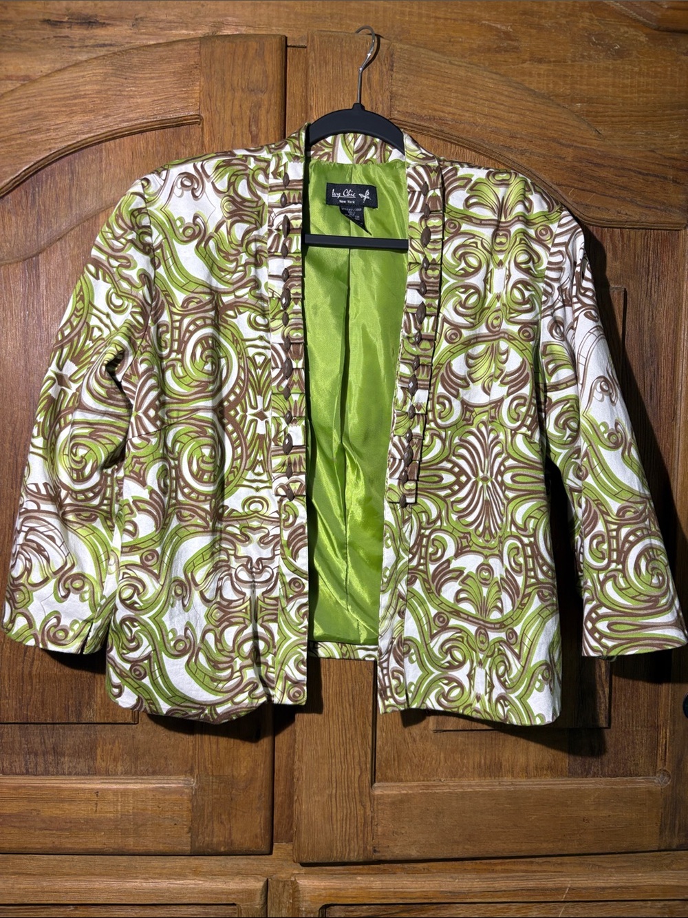 Ivy Chic Lime Green & Brown Printed Open Blazer